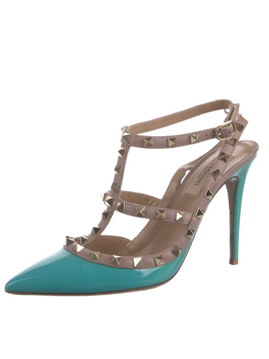 Valentino Shoes - Valentino Teal Patent Leather Rockstud T-Strap Pumps with Tan Straps